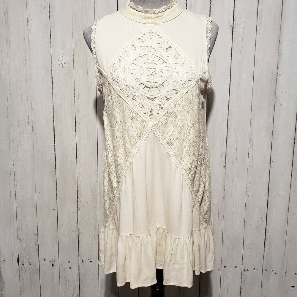 Women's Mini Dress M Cream Crochet Lace Cottage Whimsy Fairy Angel Boho Feminine